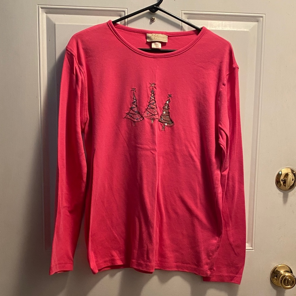Festive Pink Long Sleeve Top with Tree Design